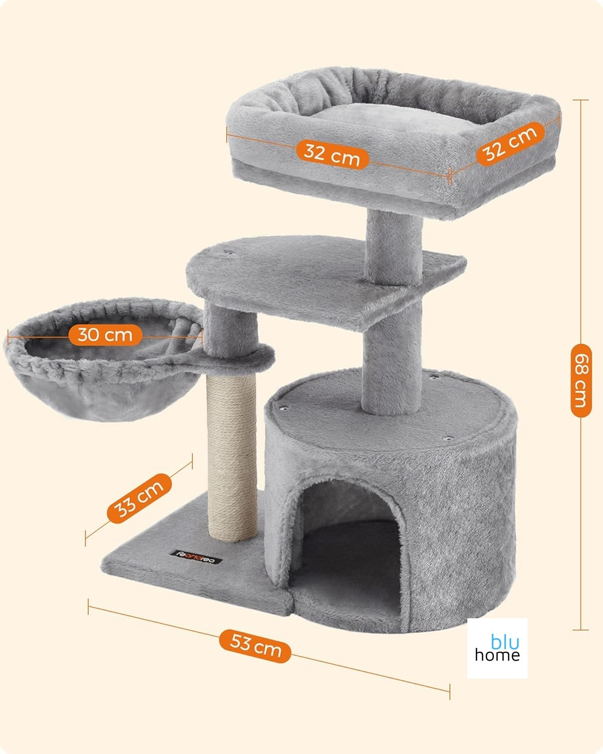 FEANDREA Küçük Kedi Ağacı Tırmalama Direği Çok Katlı 68 cm, Açık Gri