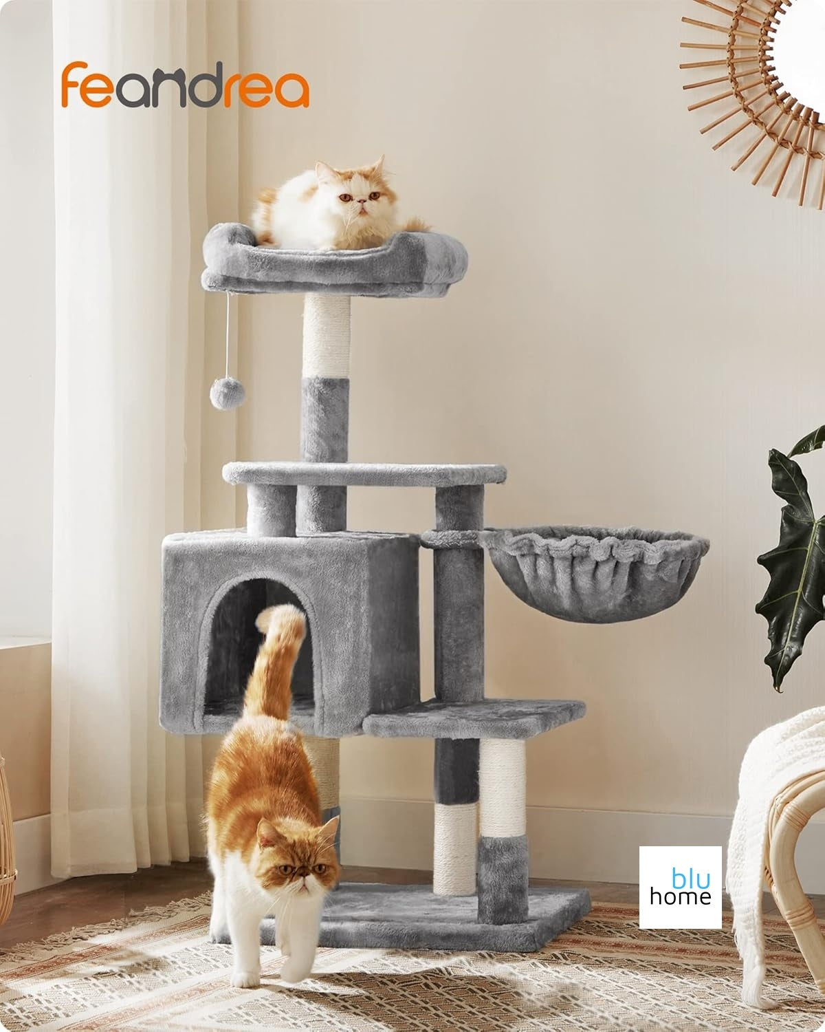 Feandrea Pct52W 110 cm Kedi Ağacı, Açık Gri, Mağara, Sisal Direk