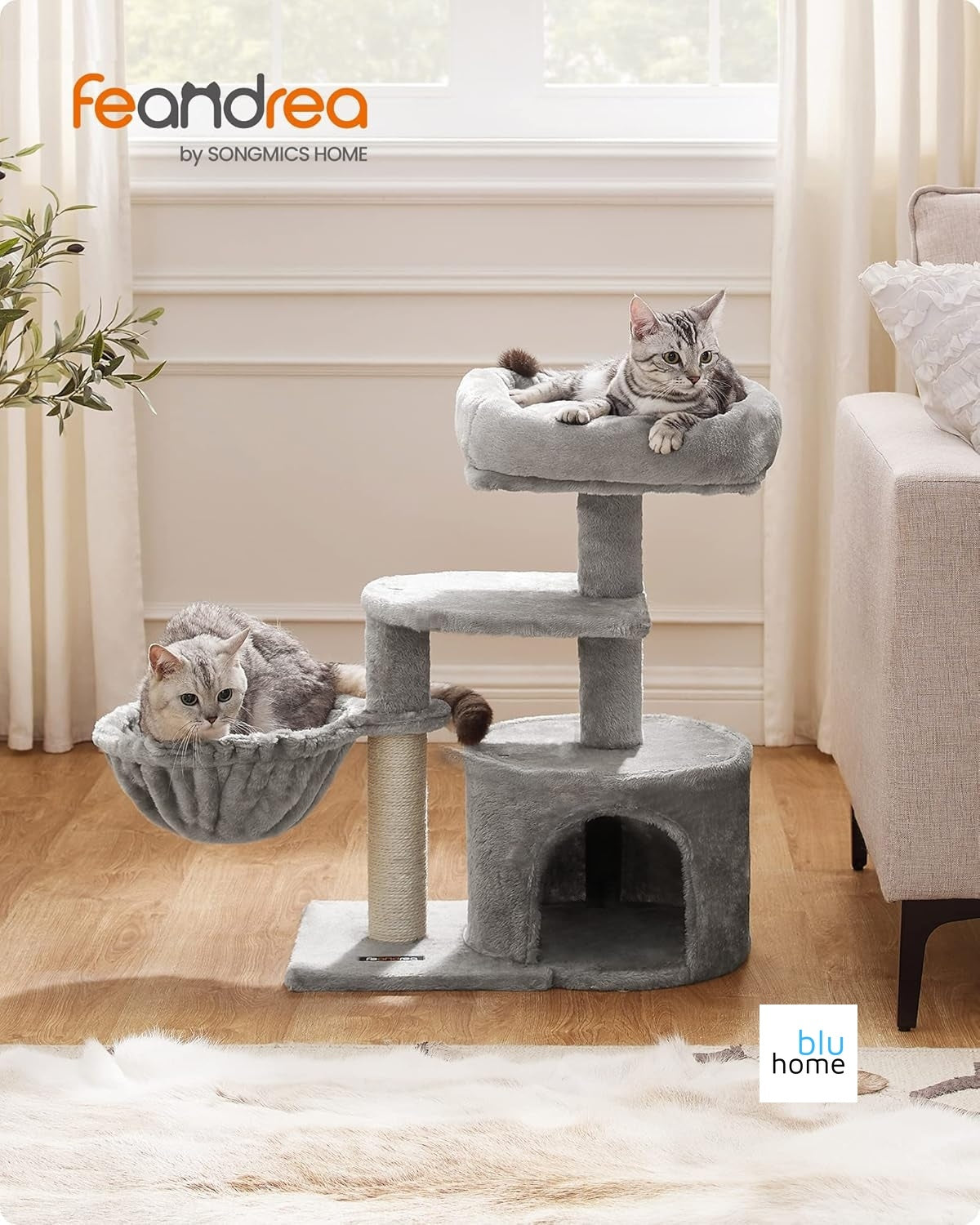 FEANDREA Küçük Kedi Ağacı Tırmalama Direği Çok Katlı 68 cm, Açık Gri