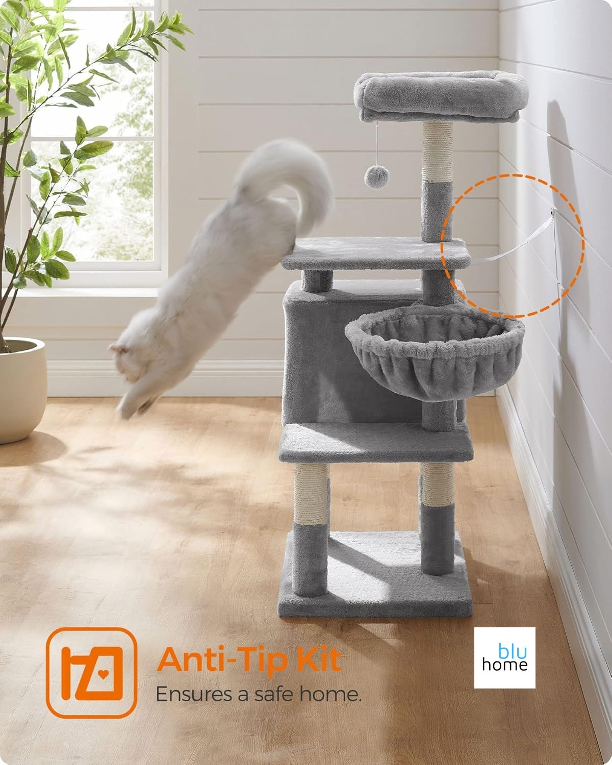 Feandrea Pct52W 110 cm Kedi Ağacı, Açık Gri, Mağara, Sisal Direk