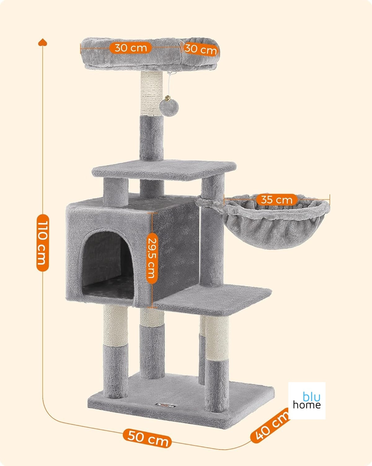 Feandrea Pct52W 110 cm Kedi Ağacı, Açık Gri, Mağara, Sisal Direk