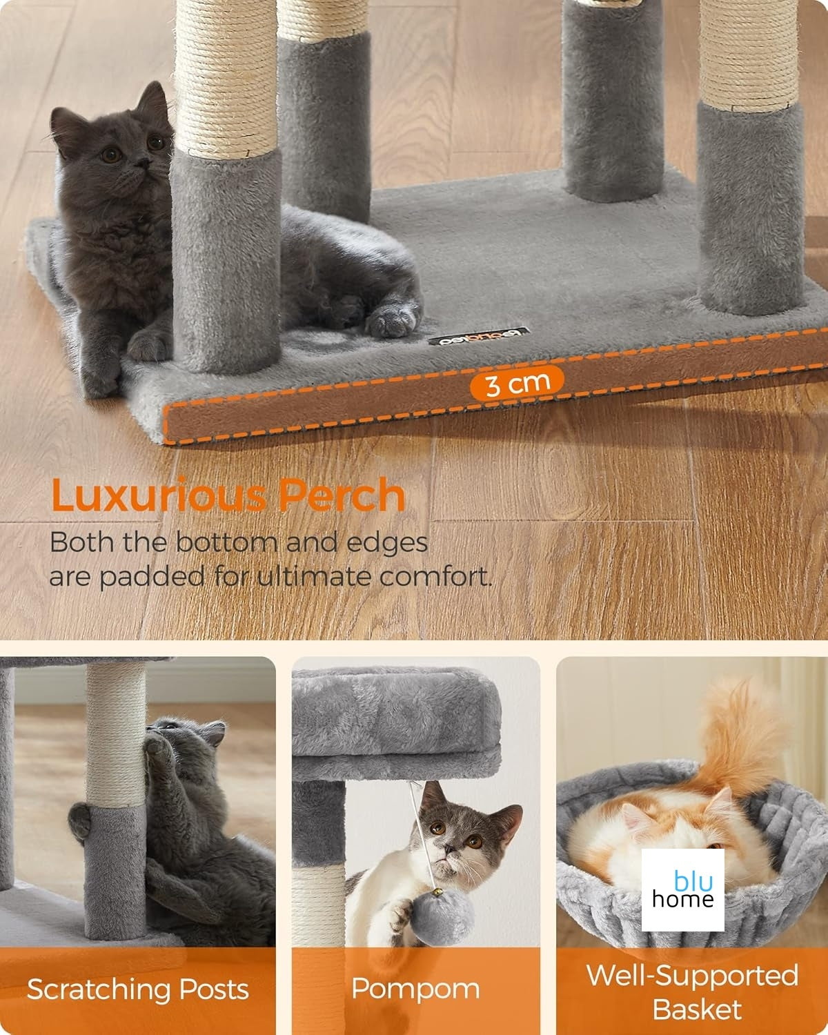 Feandrea Pct52W 110 cm Kedi Ağacı, Açık Gri, Mağara, Sisal Direk