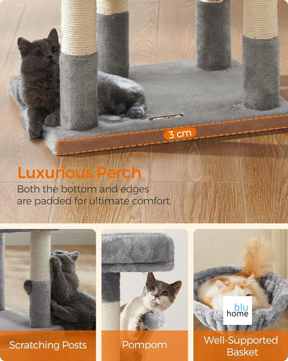 Feandrea Pct52W 110 cm Kedi Ağacı, Açık Gri, Mağara, Sisal Direk